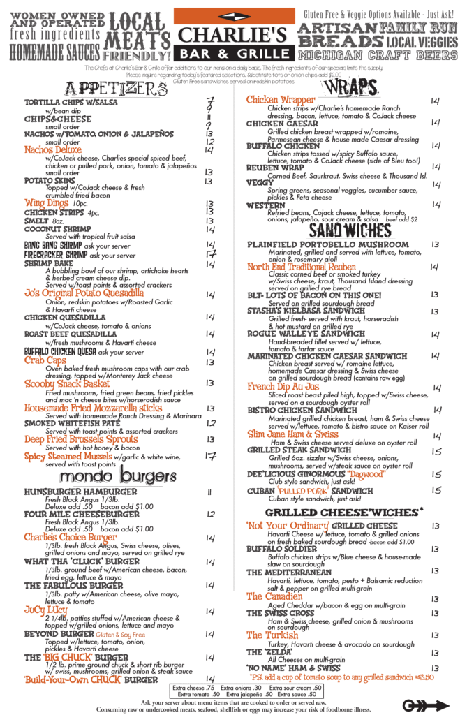 charlies bar and grille menu page 1