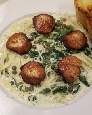 Scallops with lemon caper dill cream and spinach on angel hair 🔥😋 #foodie #foodblog #forkyeah #foodart #foodstagram #dailyfoodfeed #foodphotography #fresh #buzzfeast #instafood #chef #cooking #culinary #food #foodporn #seafood #scallops #restaurant #kitchen #eat #yummy #seriouseats #instagood #pasta #nomnom #yum #dinner #eating #grandrapids